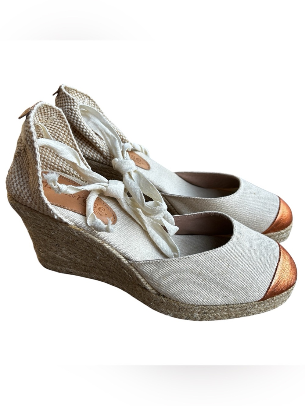 Mint & Rose Espadrille Wedge Tie-Ankle Pumps in Cream with Metallic Cap Toe EU40
